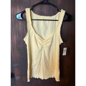 Old Navy Womens Yellow Ribbed Lace Trim Ruched V-Neck Tank Top Size M Tall NWT